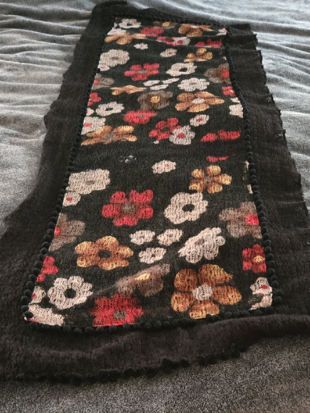 Floral Knit Acrylic  Scarf in Black with Red, Gold & Cream Flowers